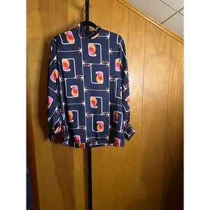 Zara Womens Retro Geometric Print Satin High Neck Blouse Navy Orange Small